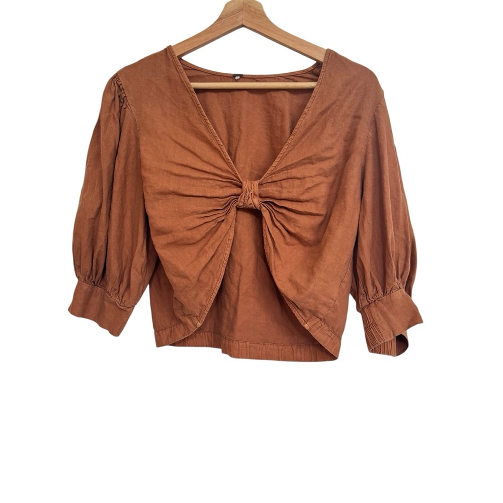 YFB Young Fabulous Broke Miranda Cropped Top Linen Blend Knot Front Brown Size L